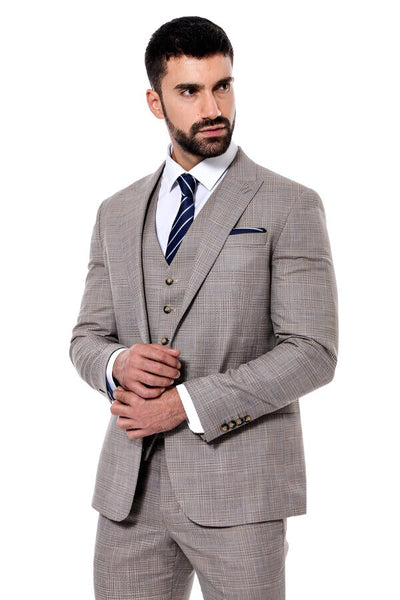 Patterned Vested Slim-Fit Beige Men’s Suit - Wessi