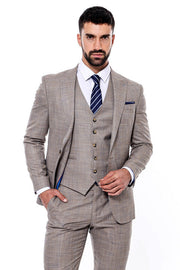 Patterned Vested Slim-Fit Beige Men’s Suit - Wessi