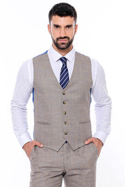 Patterned Vested Slim-Fit Beige Men’s Suit - Wessi