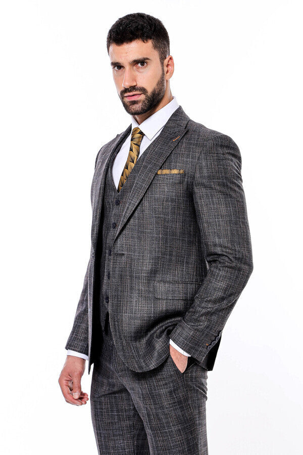 Patterned Vested Slim-Fit Black Men’s Suit - Wessi