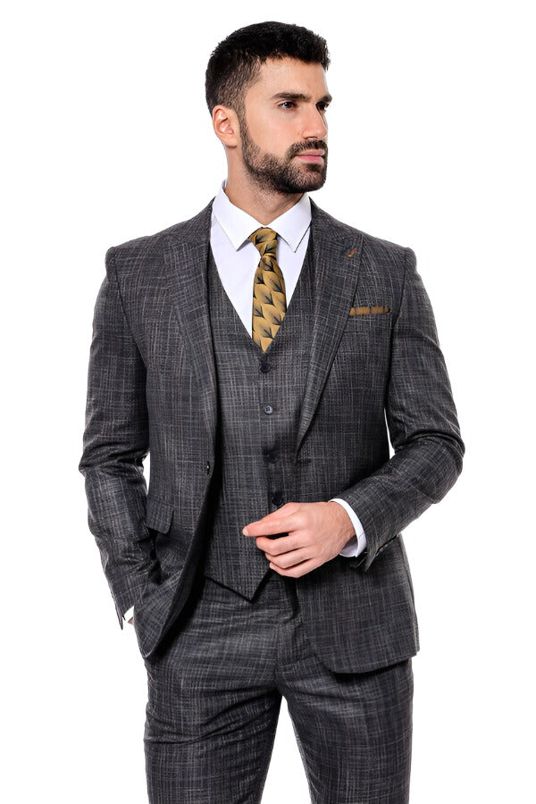 Patterned Vested Slim-Fit Black Men’s Suit - Wessi