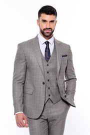 Patterned Vested Slim-Fit Brown Men Suit - Wessi