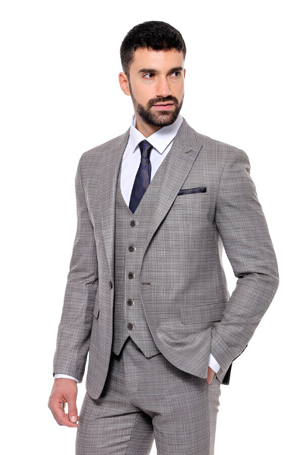 Patterned Vested Slim-Fit Brown Men Suit - Wessi