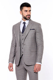 Patterned Vested Slim-Fit Brown Men Suit - Wessi