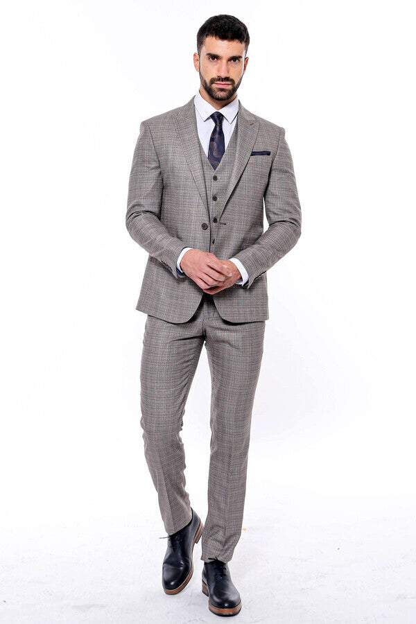 Patterned Vested Slim-Fit Brown Men Suit - Wessi