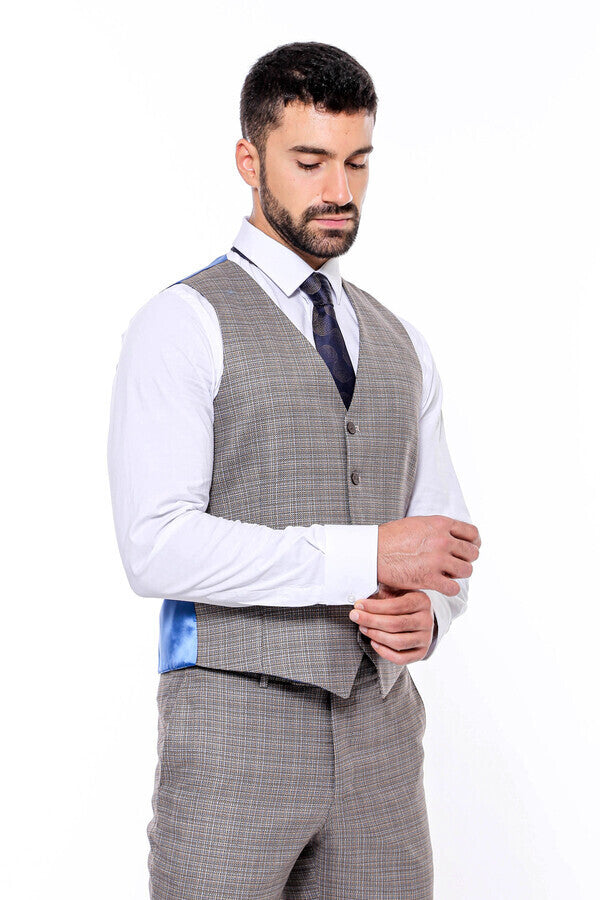 Patterned Vested Slim-Fit Brown Men Suit - Wessi