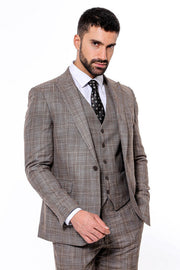 Patterned Vested Slim-Fit Dark Beige Men’s Suit - Wessi