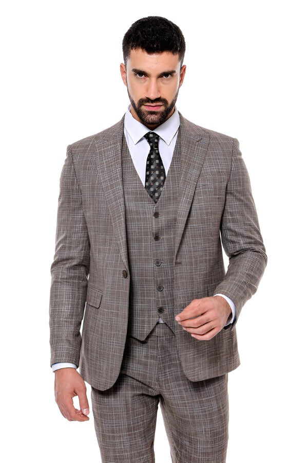 Patterned Vested Slim-Fit Dark Beige Men’s Suit - Wessi