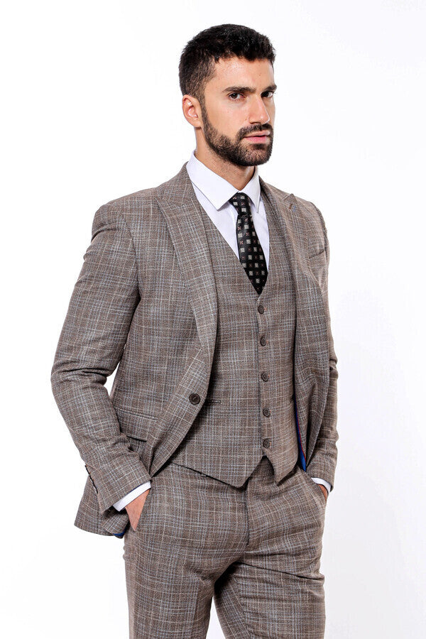 Patterned Vested Slim-Fit Dark Beige Men’s Suit - Wessi