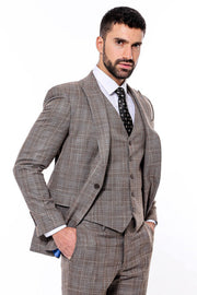 Patterned Vested Slim-Fit Dark Beige Men’s Suit - Wessi