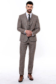 Patterned Vested Slim-Fit Dark Beige Men’s Suit - Wessi