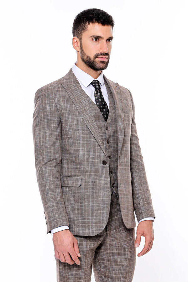 Patterned Vested Slim-Fit Dark Beige Men’s Suit - Wessi