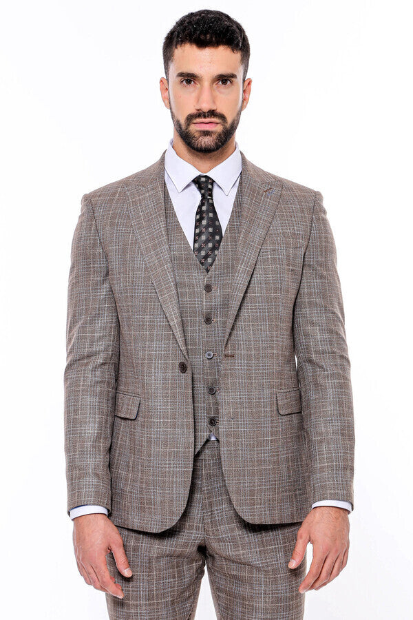 Patterned Vested Slim-Fit Dark Beige Men’s Suit - Wessi