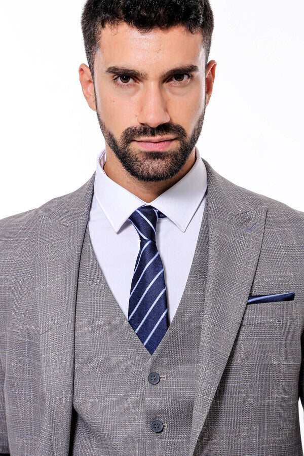 Patterned Vested Slim-Fit Grey Men Suit - Wessi