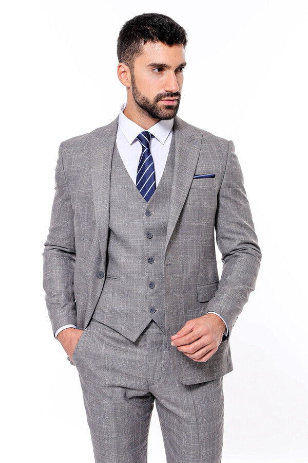 Patterned Vested Slim-Fit Grey Men Suit - Wessi