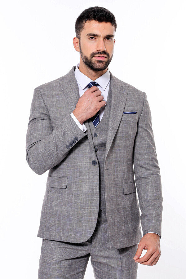 Patterned Vested Slim-Fit Grey Men Suit - Wessi