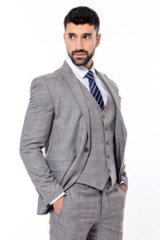 Patterned Vested Slim-Fit Grey Men Suit - Wessi