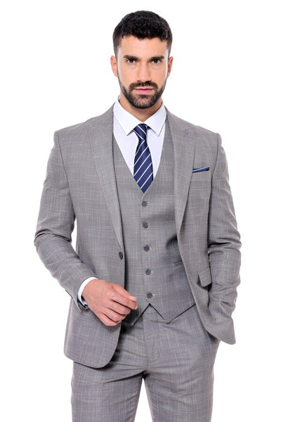 Patterned Vested Slim-Fit Grey Men Suit - Wessi