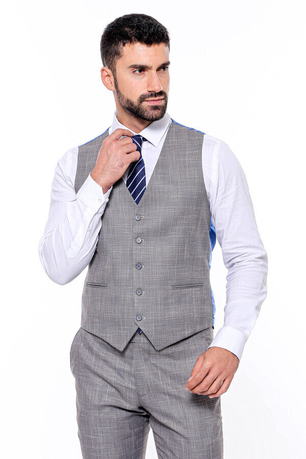 Patterned Vested Slim-Fit Grey Men Suit - Wessi