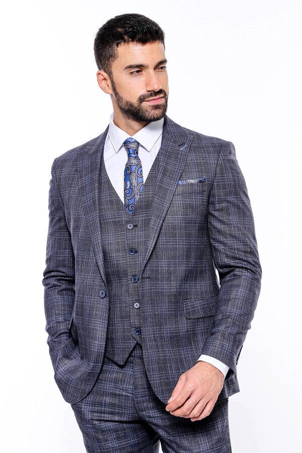 Patterned Vested Slim-Fit Navy Blue Men’s Suit - Wessi