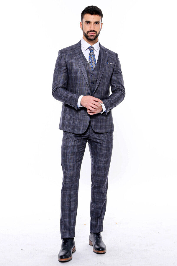 Patterned Vested Slim-Fit Navy Blue Men’s Suit - Wessi