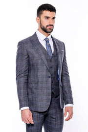 Patterned Vested Slim-Fit Navy Blue Men’s Suit - Wessi