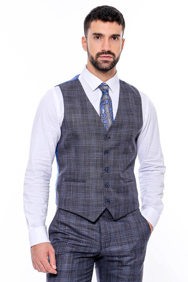 Patterned Vested Slim-Fit Navy Blue Men’s Suit - Wessi