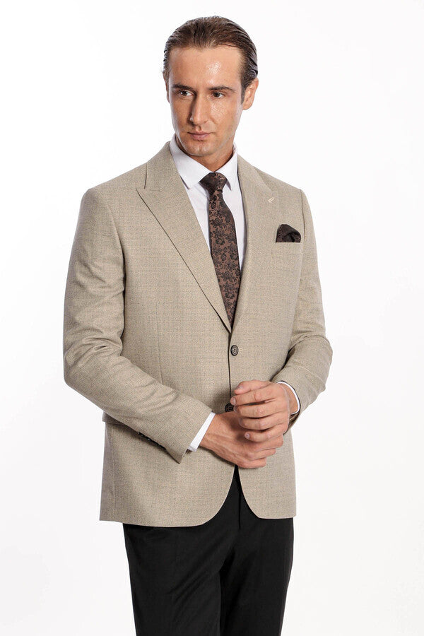 Patterned Wide Lapel Cream Men Blazer - Wessi