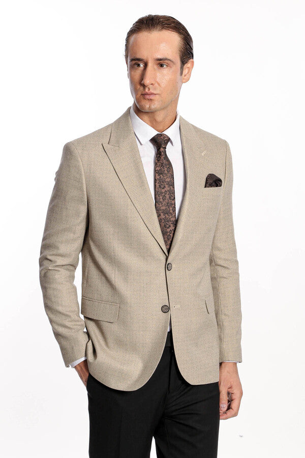 Patterned Wide Lapel Cream Men Blazer - Wessi