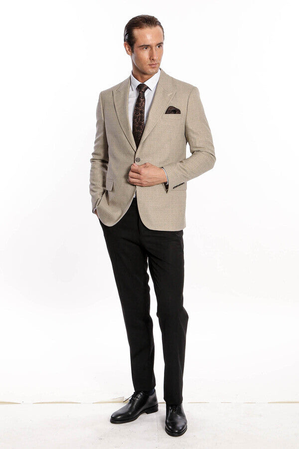 Patterned Wide Lapel Cream Men Blazer - Wessi