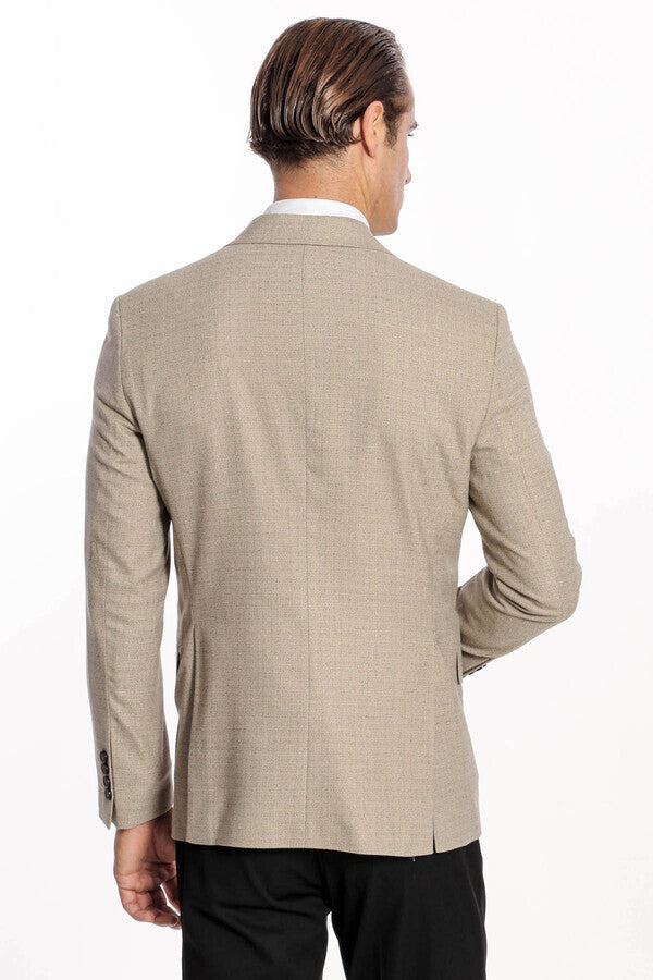 Patterned Wide Lapel Cream Men Blazer - Wessi