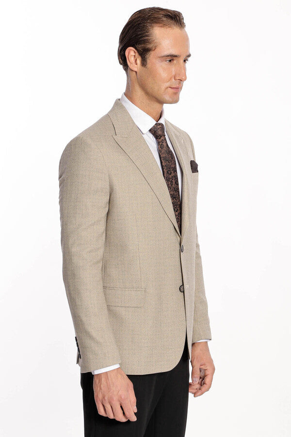 Patterned Wide Lapel Cream Men Blazer - Wessi