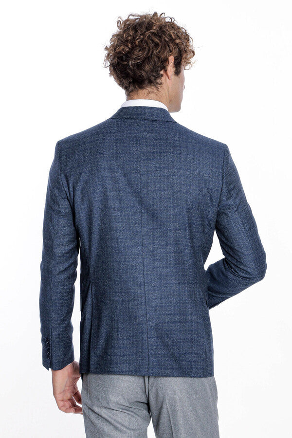 Patterned Wide Lapel Navy Blue Men Blazer - Wessi