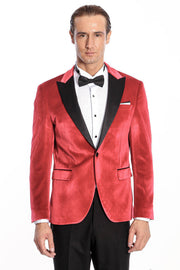 Peak Lapel Velvet Red Men Prom Blazer - Wessi