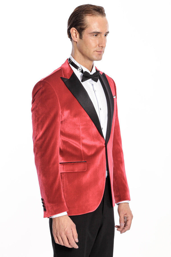 Peak Lapel Velvet Red Men Prom Blazer - Wessi