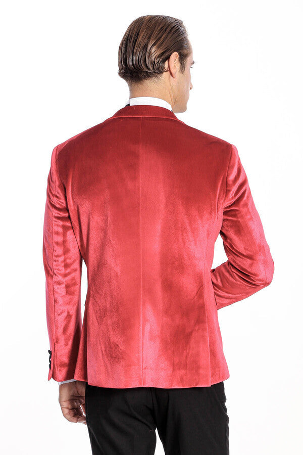 Peak Lapel Velvet Red Men Prom Blazer - Wessi