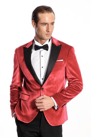 Peak Lapel Velvet Red Men Prom Blazer - Wessi