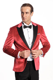 Peak Lapel Velvet Red Men Prom Blazer - Wessi