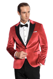 Peak Lapel Velvet Red Men Prom Blazer - Wessi