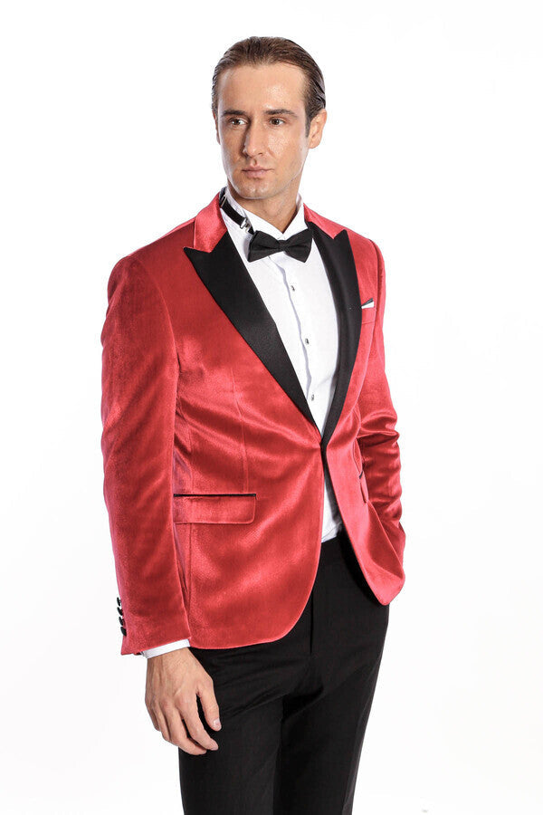 Peak Lapel Velvet Red Men Prom Blazer - Wessi