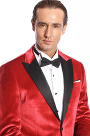 Peak Lapel Velvet Red Men Prom Blazer - Wessi