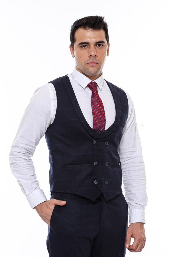 Plaid Collared Double Breasted Navy Blue Men Vest - Wessi