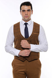 Plaid Double Breasted Tan Men Vest - Wessi