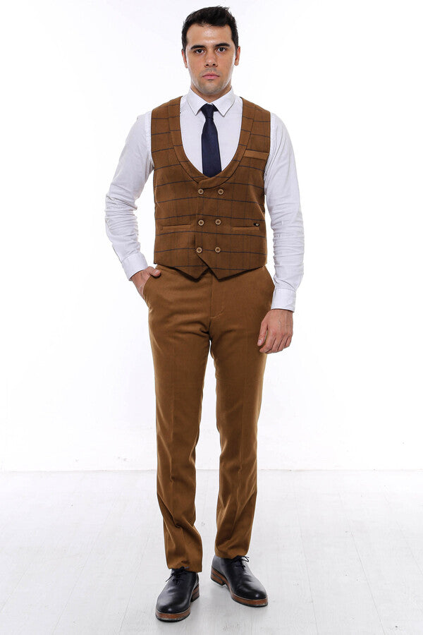 Plaid Double Breasted Tan Men Vest - Wessi