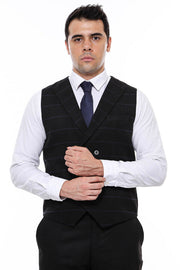 Plaid Double Breasted Collared Black Men Vest - Wessi