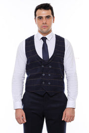 Plaid Double Breasted Collared Navy Blue Men Vest - Wessi