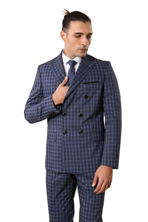 Plaid Navy Blue Men's Double Breasted Suit | Wessi