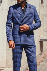 Plaid Navy Blue Men's Double Breasted Suit | Wessi