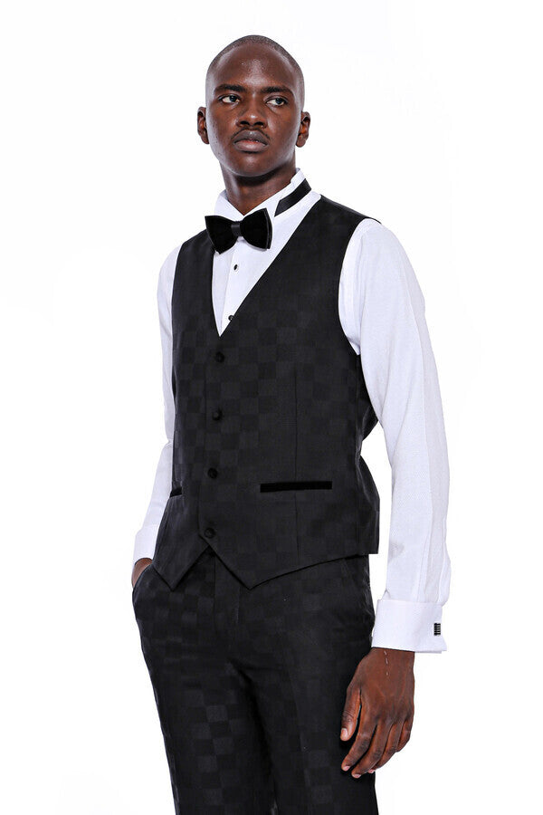 Plaid Slim Fit Black Men Tuxedo  - Wessi