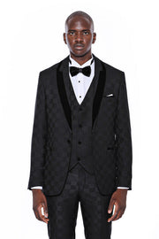 Plaid Slim Fit Black Men Tuxedo  - Wessi